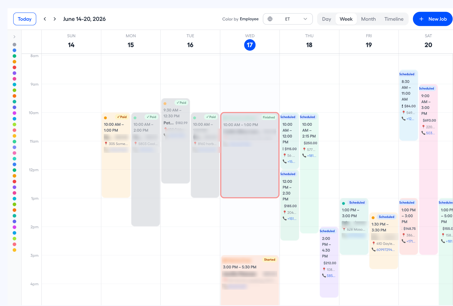 Drag-and-drop weekly schedule with color-coded jobs by employee